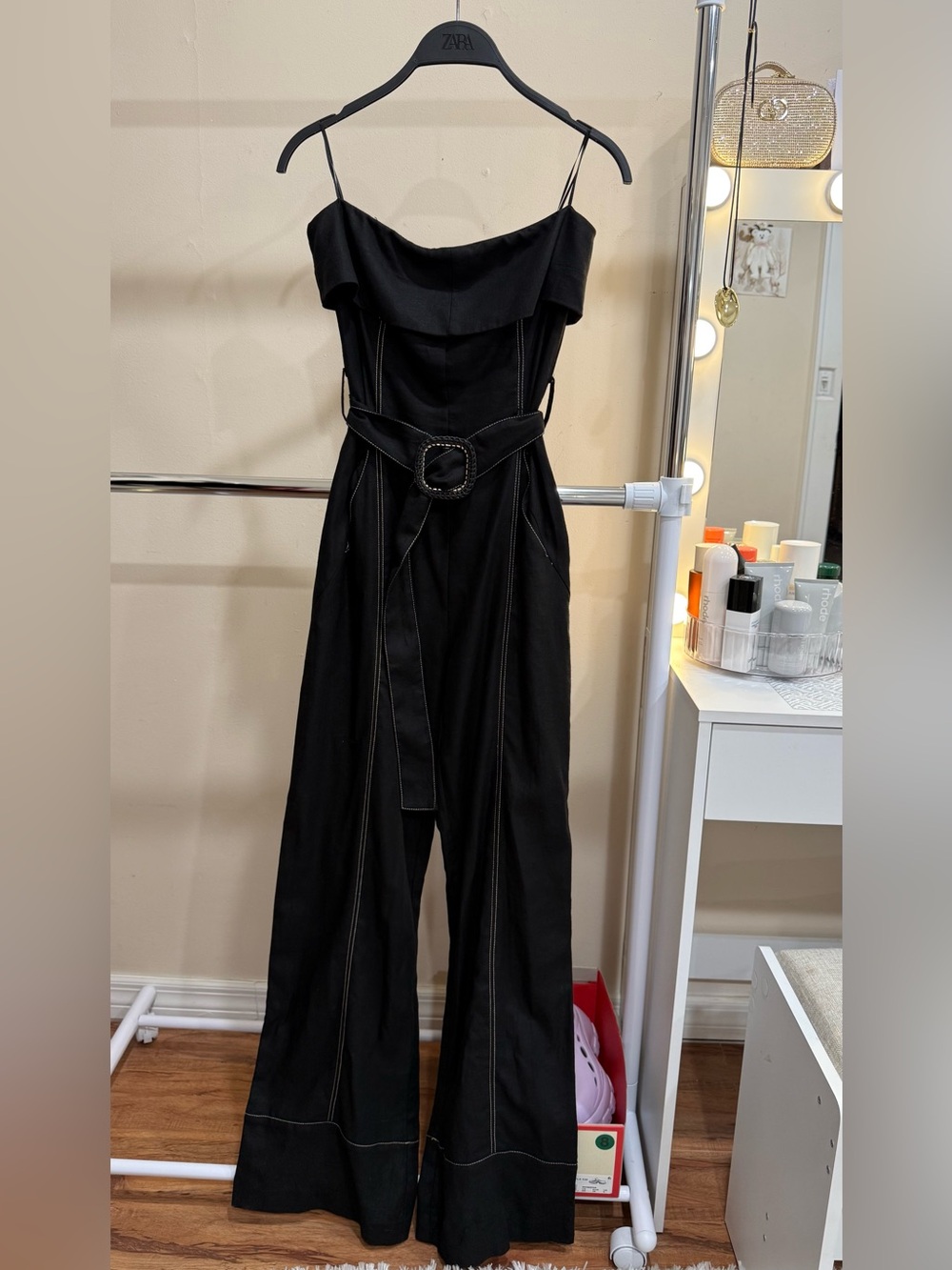 ZARA Black Linen Blend Jumpsuit Wide Leg Belted Size S NWT